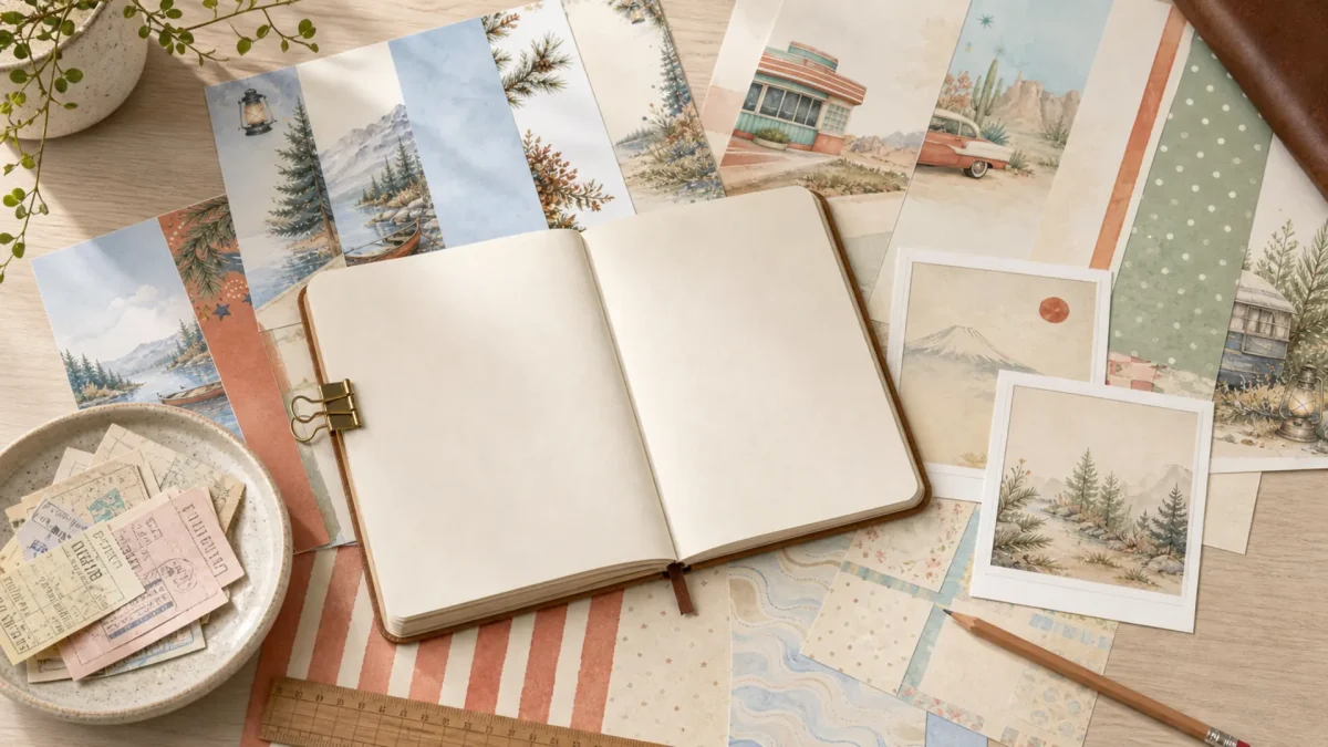 7 Travel Scrapbook Collections for a Road Trip Album AI-assisted editorial mockup using the seven real ScrapBujo collection paper previews