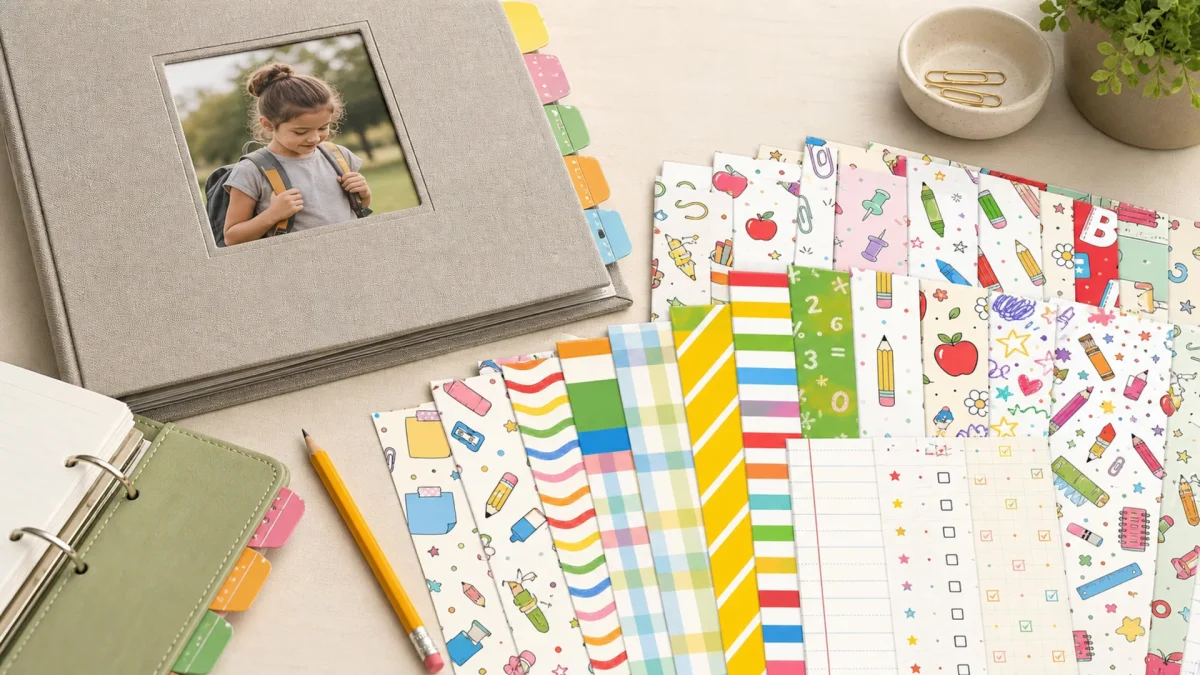 Back-to-School Memory Book Pages for US, Canadian and UK School Photos scrapbook collection editorial mockup using the collection paper previews