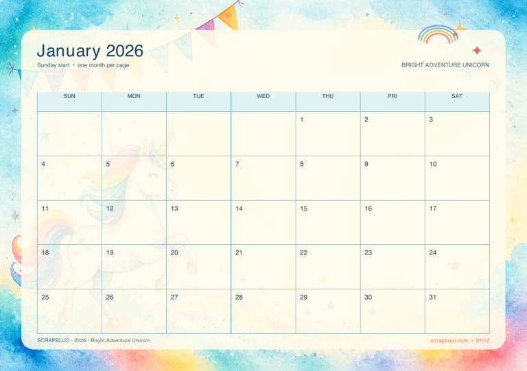 Bright adventure unicorn 2026 calendar A5 landscape preview