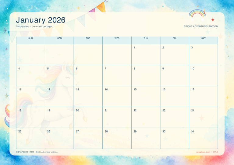 Bright adventure unicorn 2026 calendar A4 landscape preview
