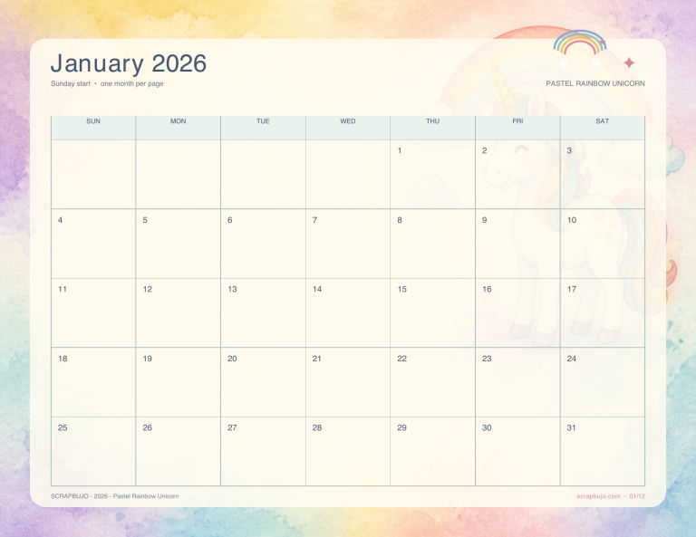 Pastel rainbow unicorn 2026 calendar US Letter landscape preview