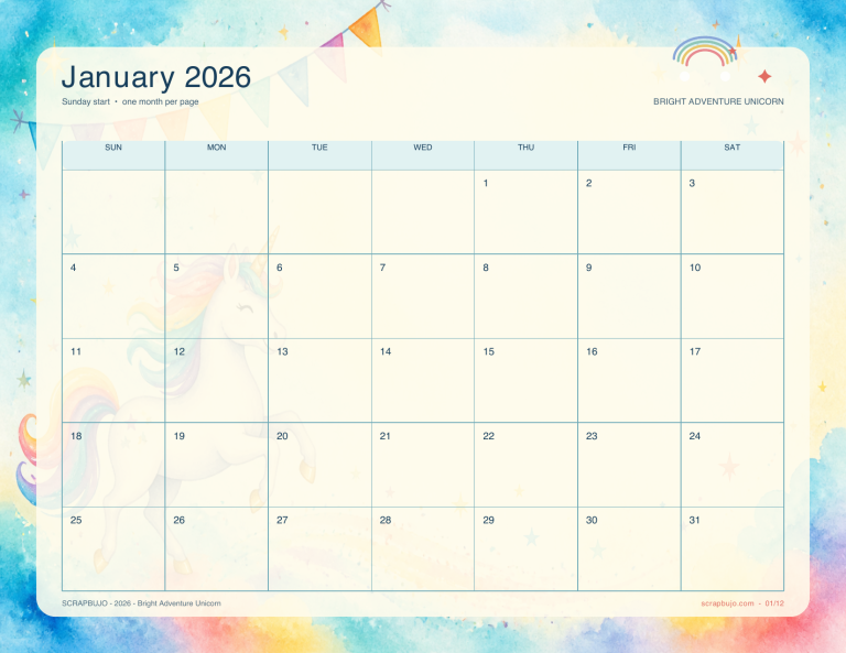Bright adventure unicorn 2026 calendar US Letter landscape preview