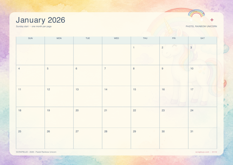 Pastel rainbow unicorn 2026 calendar A4 landscape preview