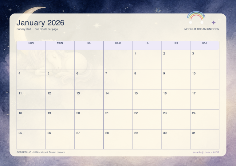Moonlit dream unicorn 2026 calendar A5 landscape preview