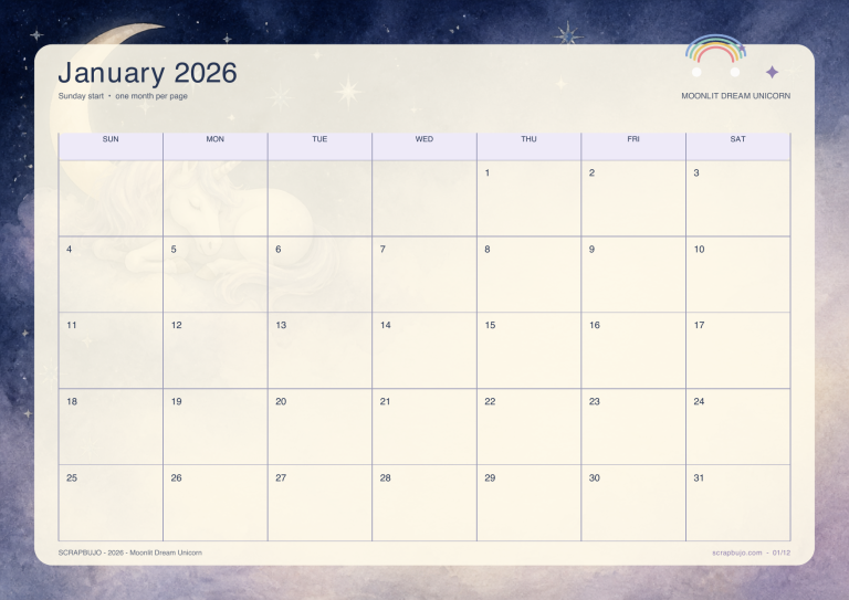 Moonlit dream unicorn 2026 calendar A4 landscape preview