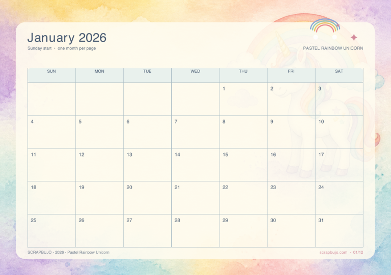 Pastel rainbow unicorn 2026 calendar A5 landscape preview