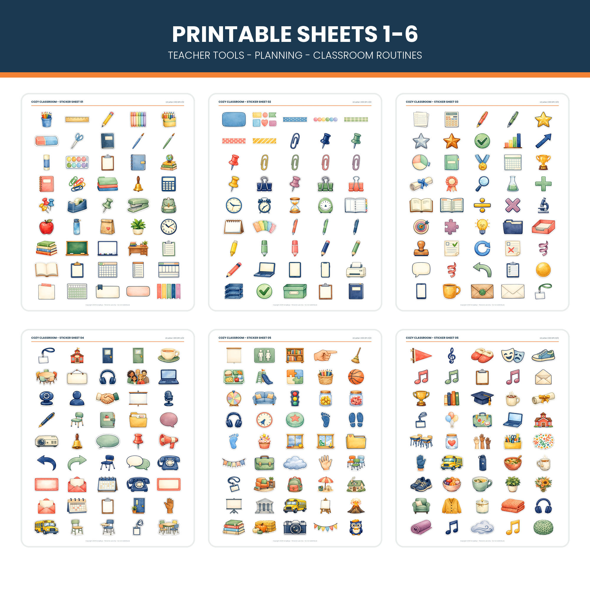 Printable US Letter teacher planner sticker sheets with classroom icons
