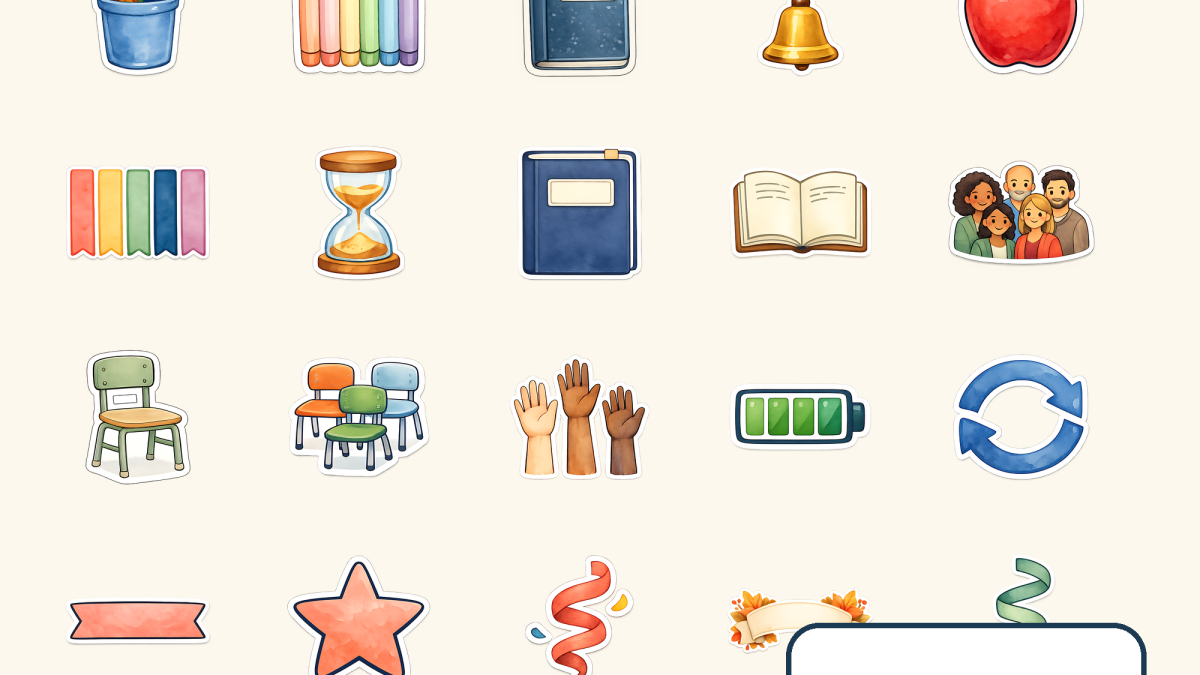 Cozy Classroom teacher planner sticker bundle with watercolor school and classroom icons