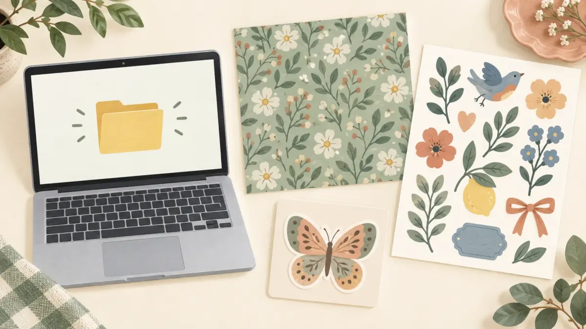 Illustration of a laptop folder icon beside examples of a patterned page, motif sheet, and single decorative element.