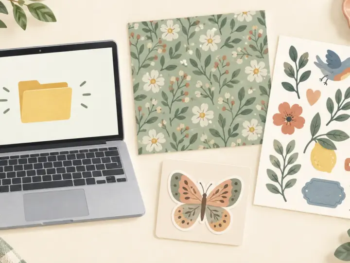 Illustration of a laptop folder icon beside examples of a patterned page, motif sheet, and single decorative element.