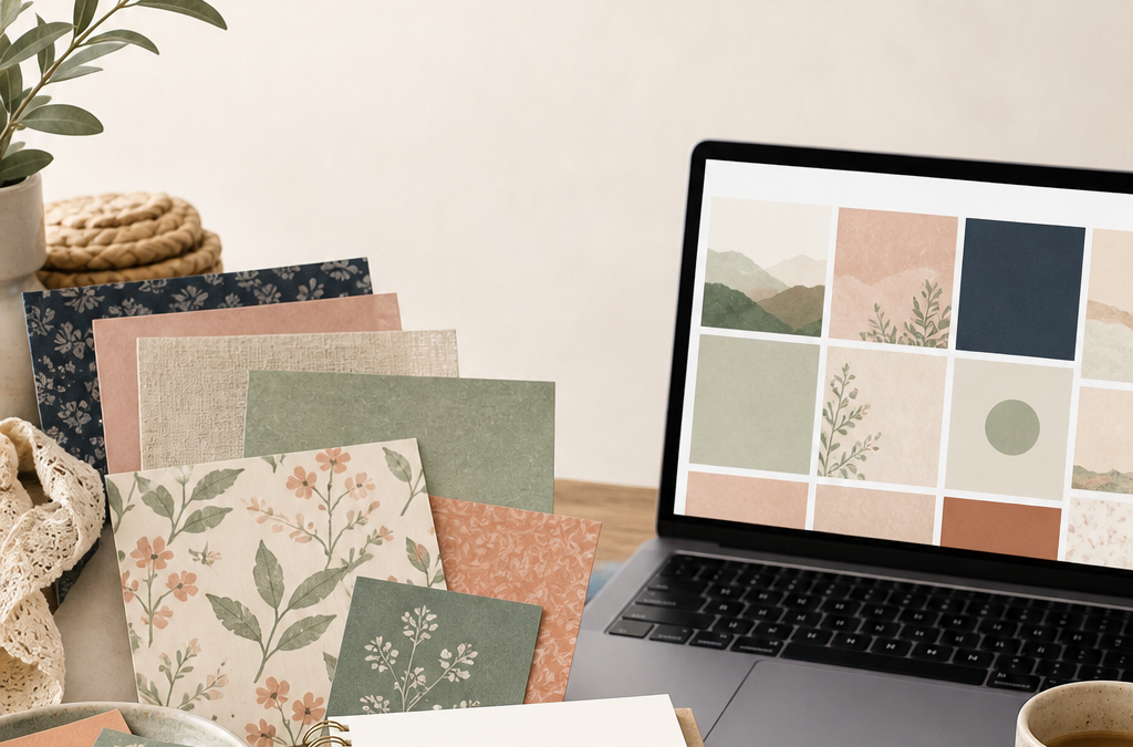 Editorial desk with digital scrapbook papers, a laptop marketplace grid and a notebook checklist