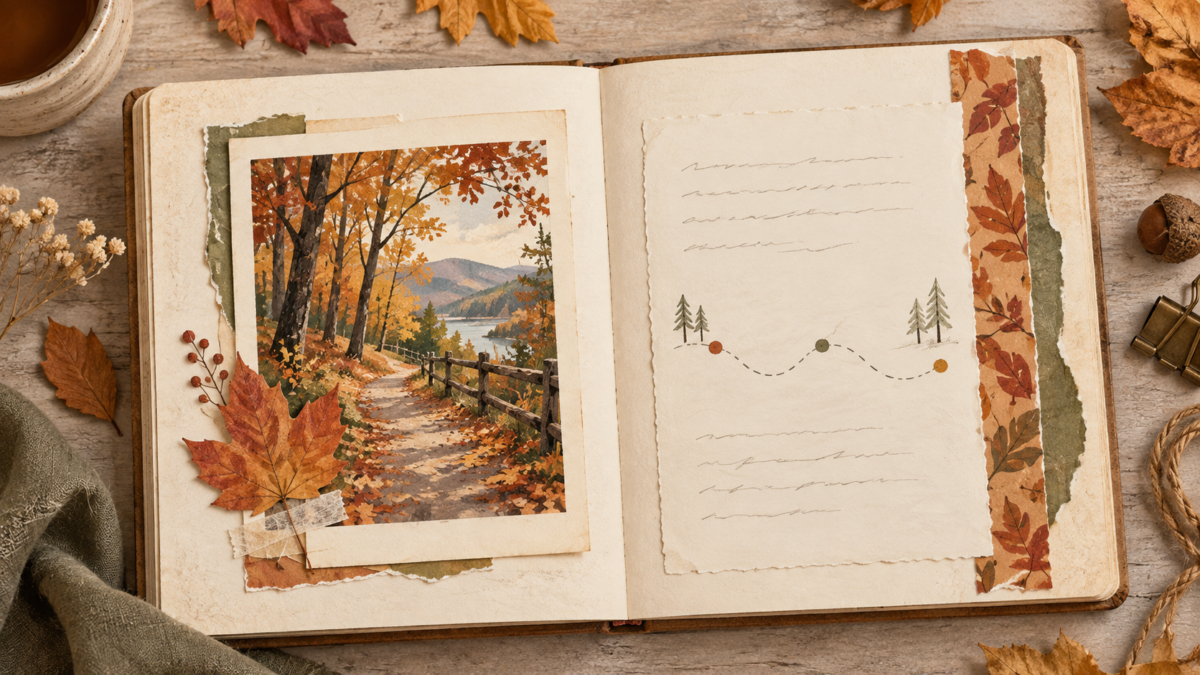 AI concept mockup of an autumn journal with a framed walk scene, a quiet writing card and a three-stop route.