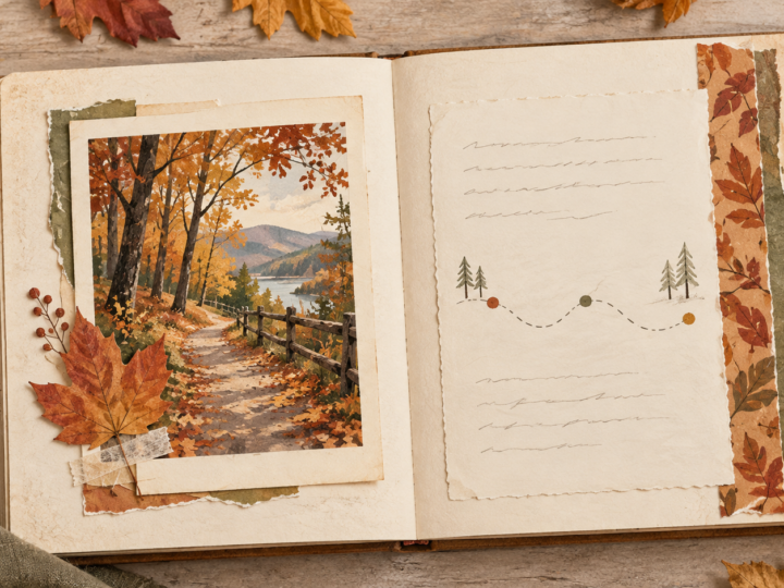 AI concept mockup of an autumn journal with a framed walk scene, a quiet writing card and a three-stop route.