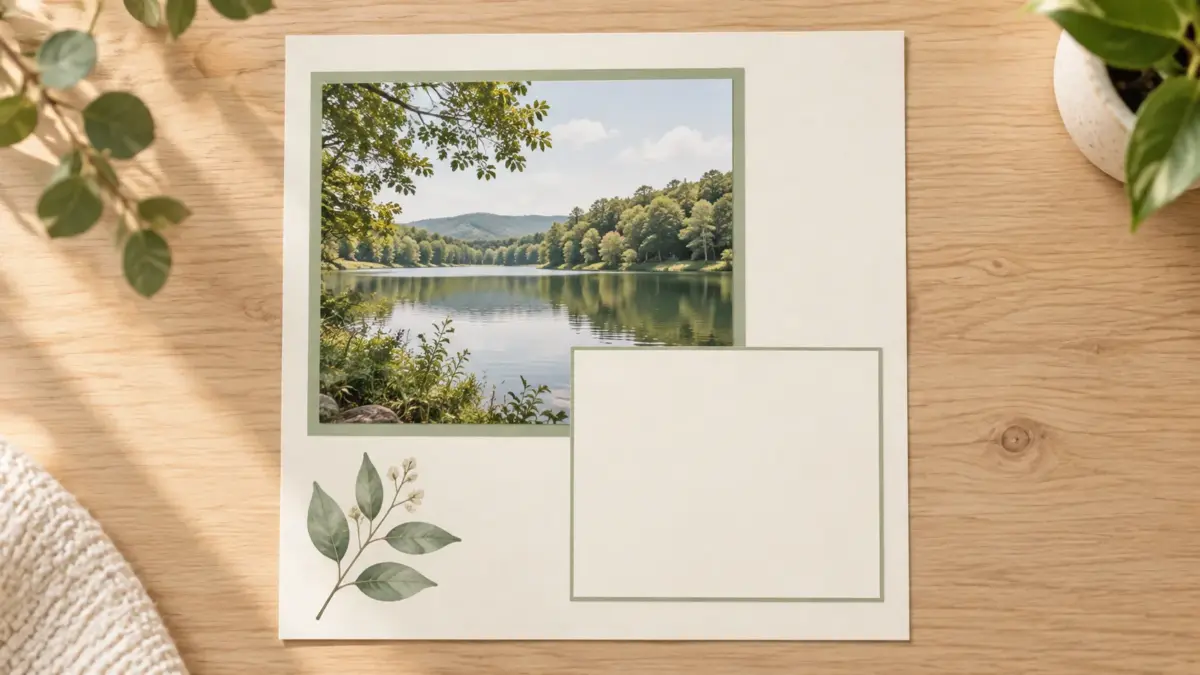 Illustration of a simple scrapbook page with a lakeside picture, sage photo mat, and blank journaling space.