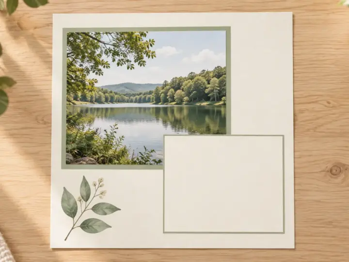 Illustration of a simple scrapbook page with a lakeside picture, sage photo mat, and blank journaling space.
