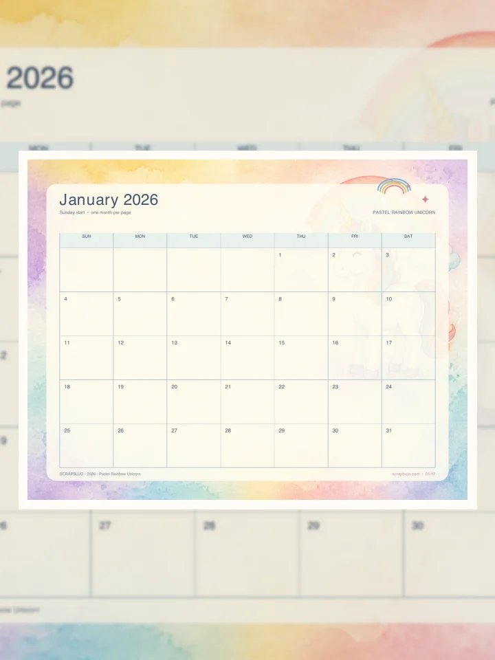 Free 2026 Kids Unicorn Calendars — Letter, A4 and A5 Landscape PDFs visual story illustration
