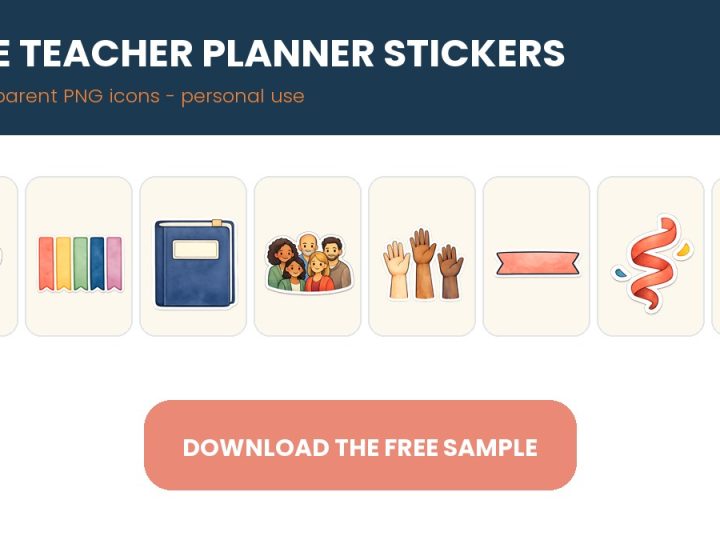 Eight free transparent PNG teacher planner stickers for classroom planning