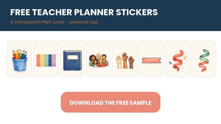 Eight free transparent PNG teacher planner stickers for classroom planning
