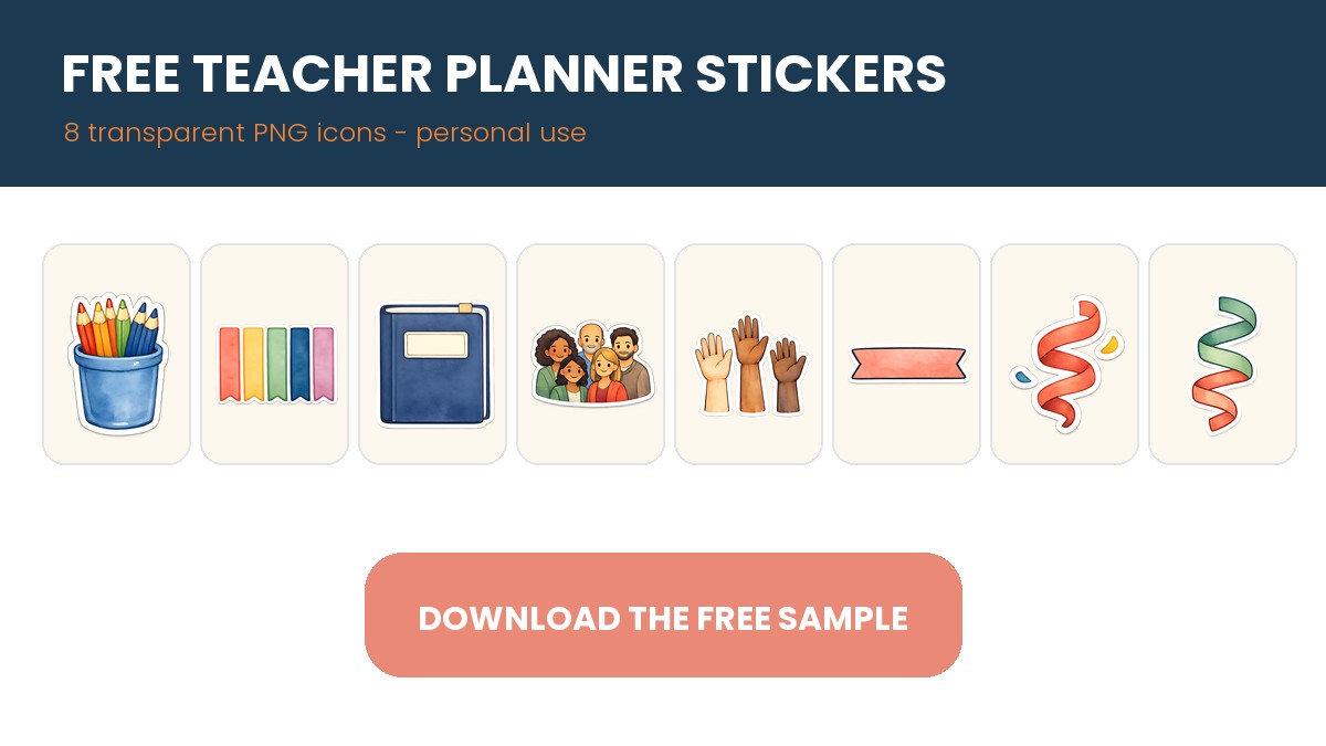 Free Teacher Planner Stickers – 8 Transparent PNG Classroom Icons