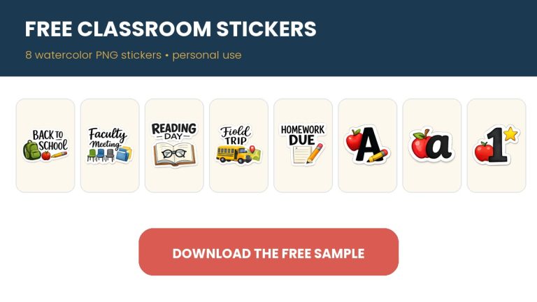 Eight free watercolor classroom and teacher planner PNG stickers
