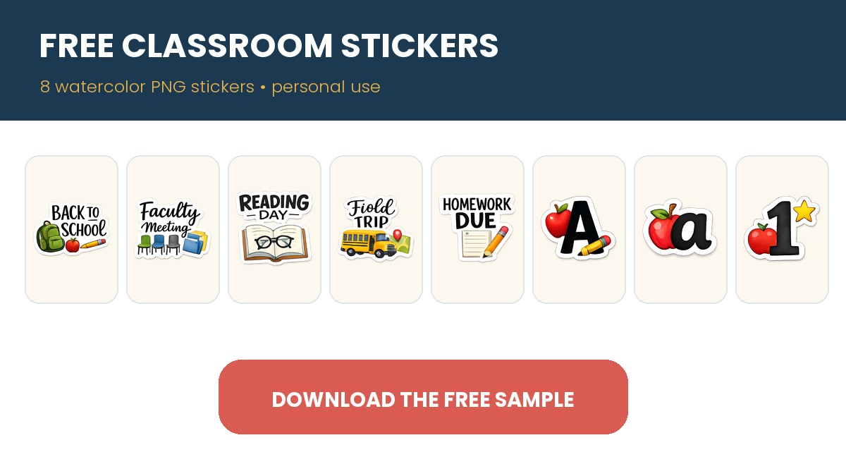 Free Watercolor Classroom Stickers – 8 Transparent PNG Samples