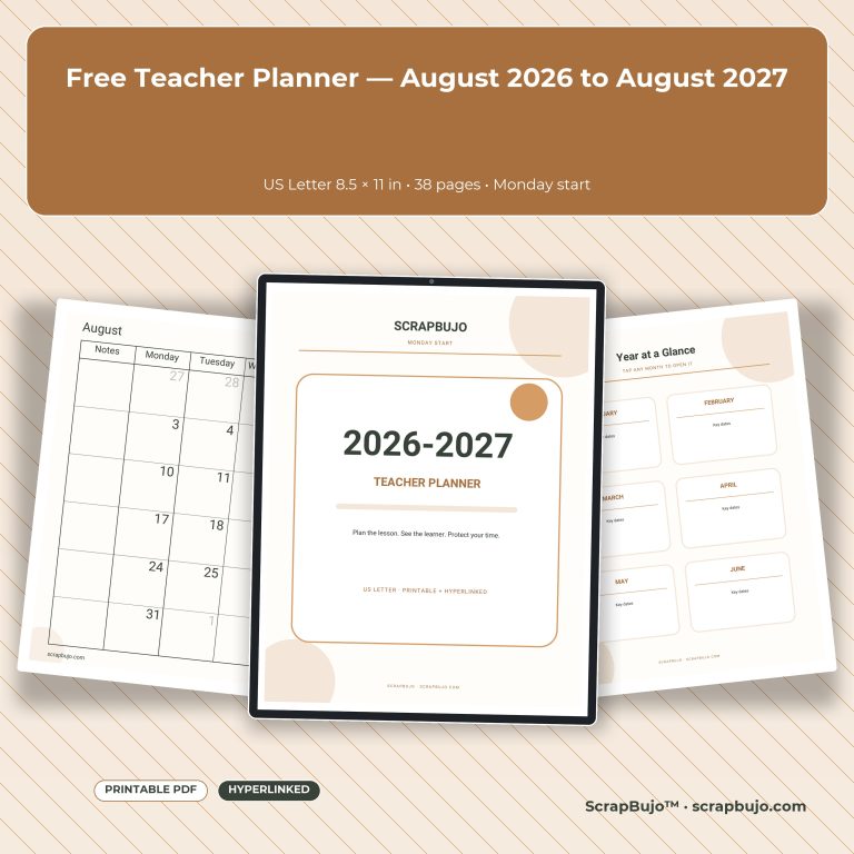 Free teacher planner August 2026 to August 2027 preview