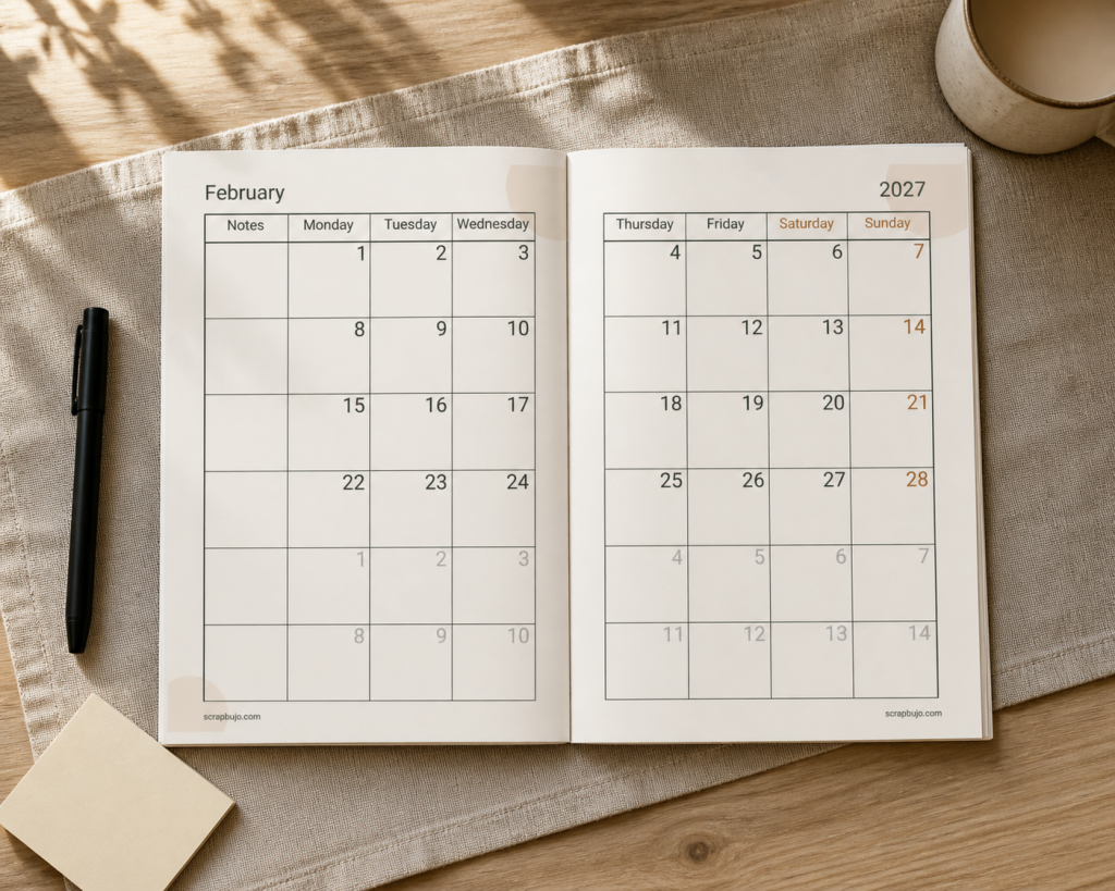 Realistic desk mockup showing the complete February left-and-right teacher planner calendar spread with pen and coffee