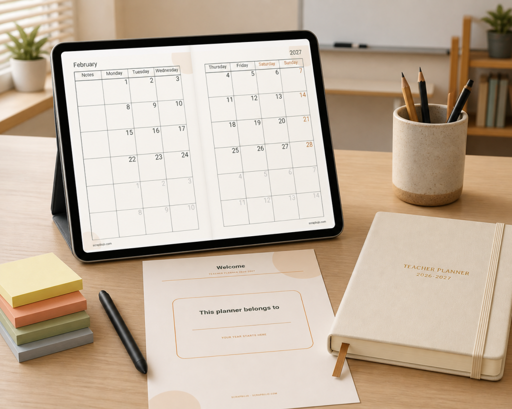 Realistic tablet mockup showing the complete February left-and-right teacher planner calendar spread