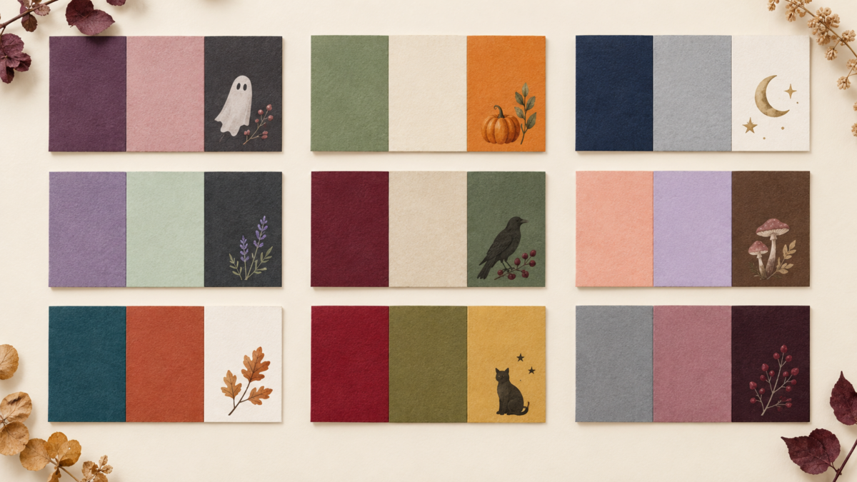 AI-generated editorial illustration of nine suggested Halloween color combinations.