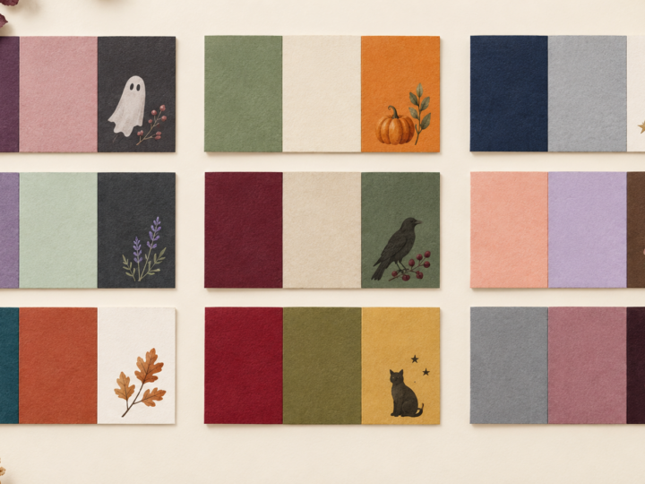AI-generated editorial illustration of nine suggested Halloween color combinations.