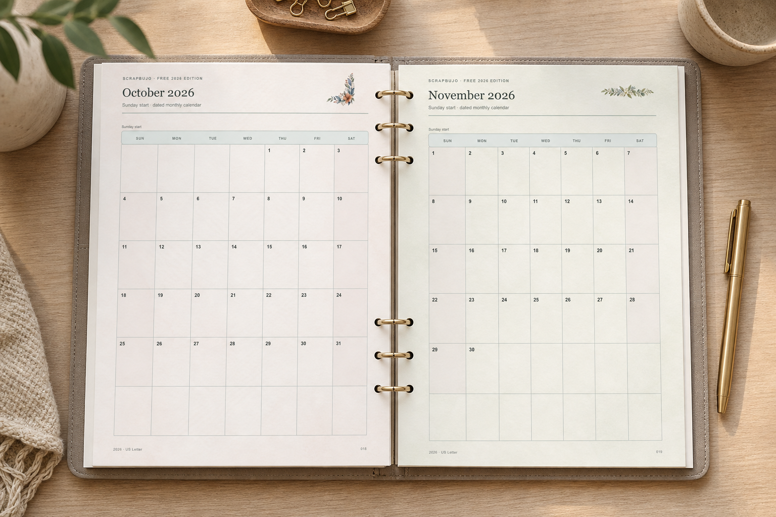 Free 2026 US Letter Planner — Sunday Start PDF Pair