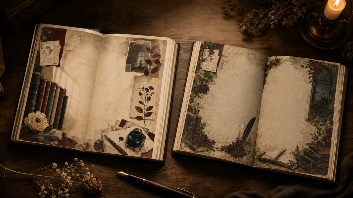 Poetcore or Dark Academia? How to Choose a Mood for a Junk Journal scrapbook collection editorial mockup using the collection paper previews