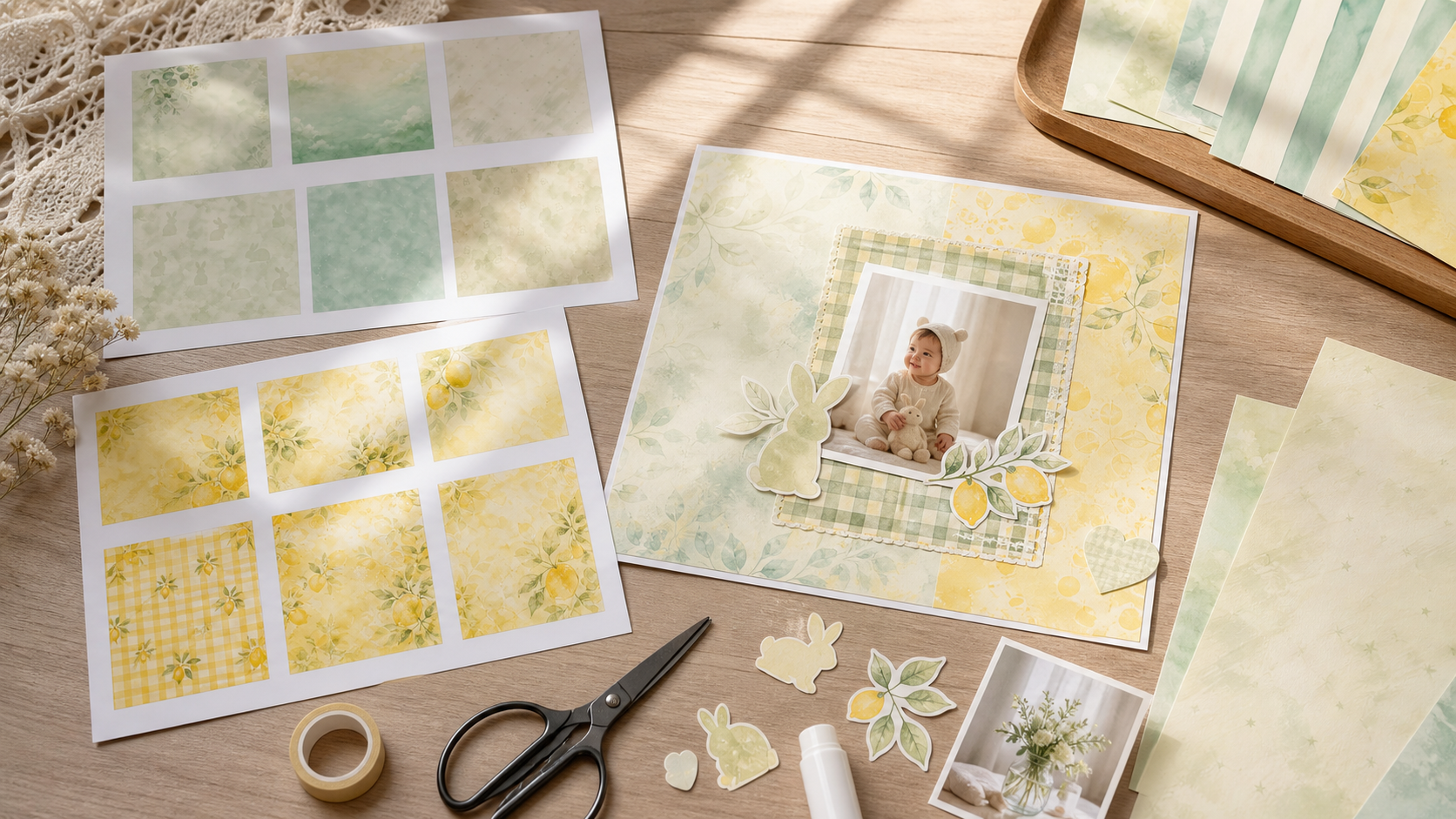 ScrapBujo Baby Green Nursery and Watercolor Lemon papers arranged into a complete scrapbook page