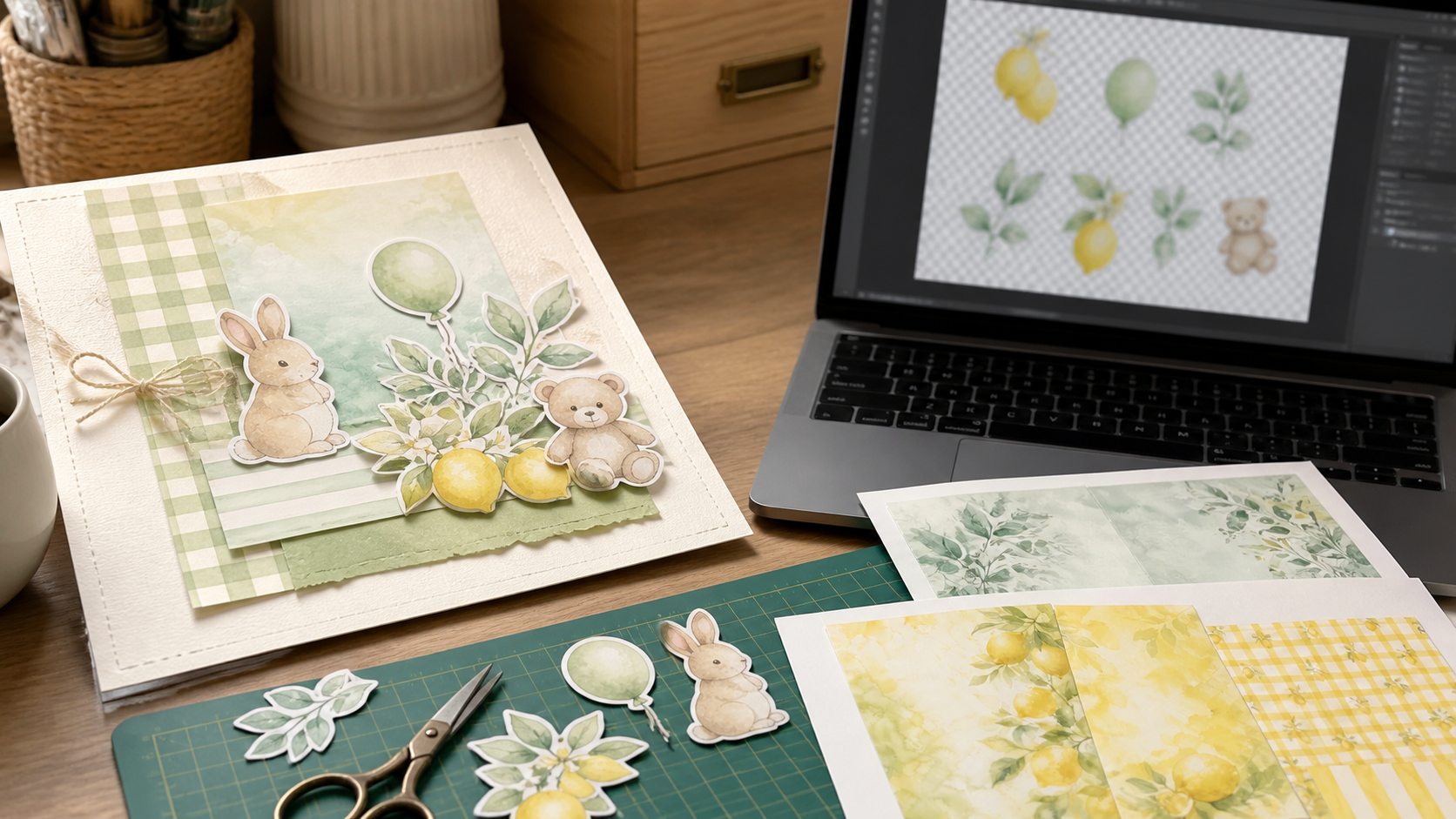 ScrapBujo Baby Green Nursery and Watercolor Lemon materials shown in a digital die-cut and printable fussy-cut workflow