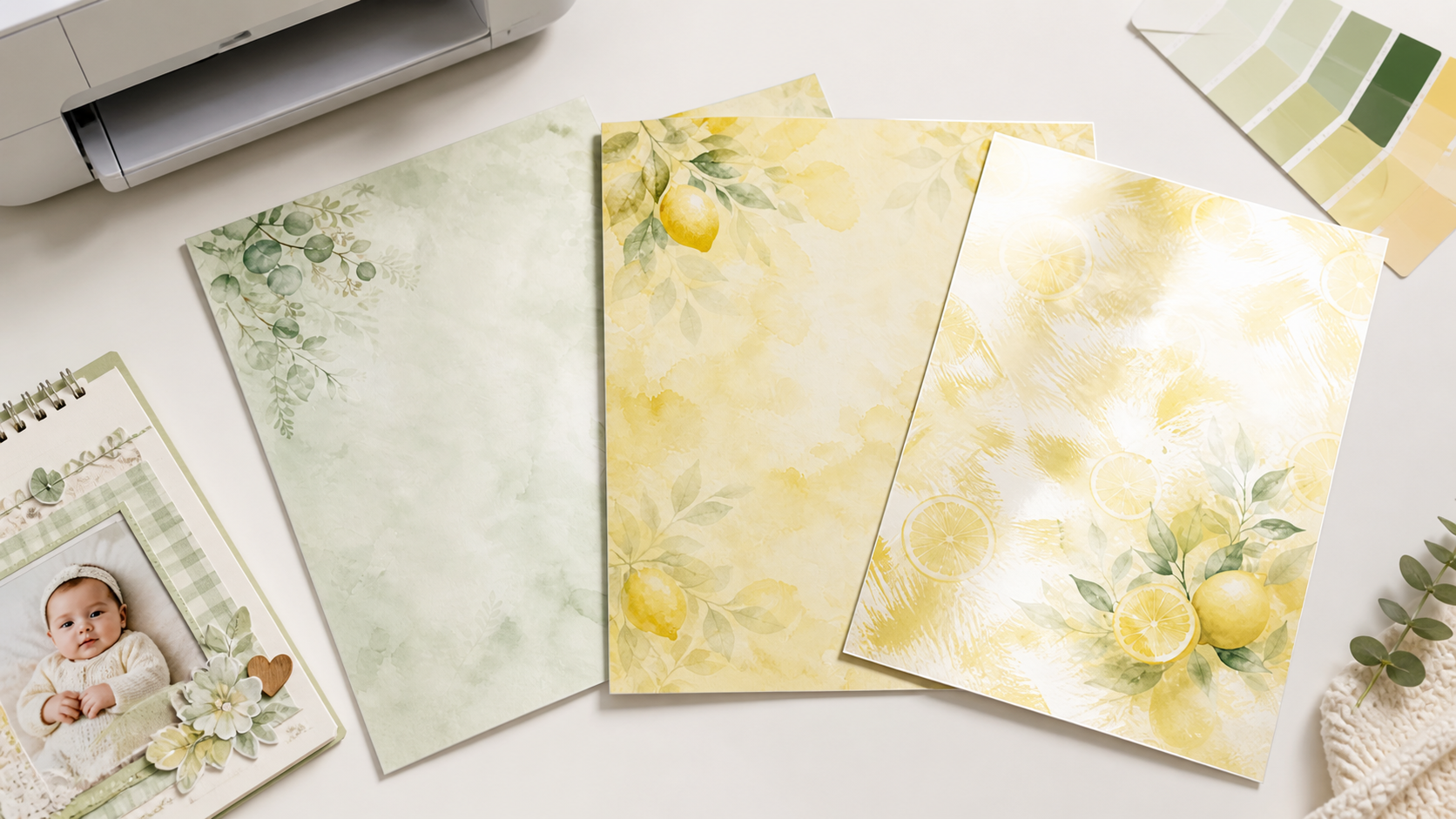 Printed Baby Green Nursery and Watercolor Lemon scrapbook papers compared across matte, cardstock, and photo finishes