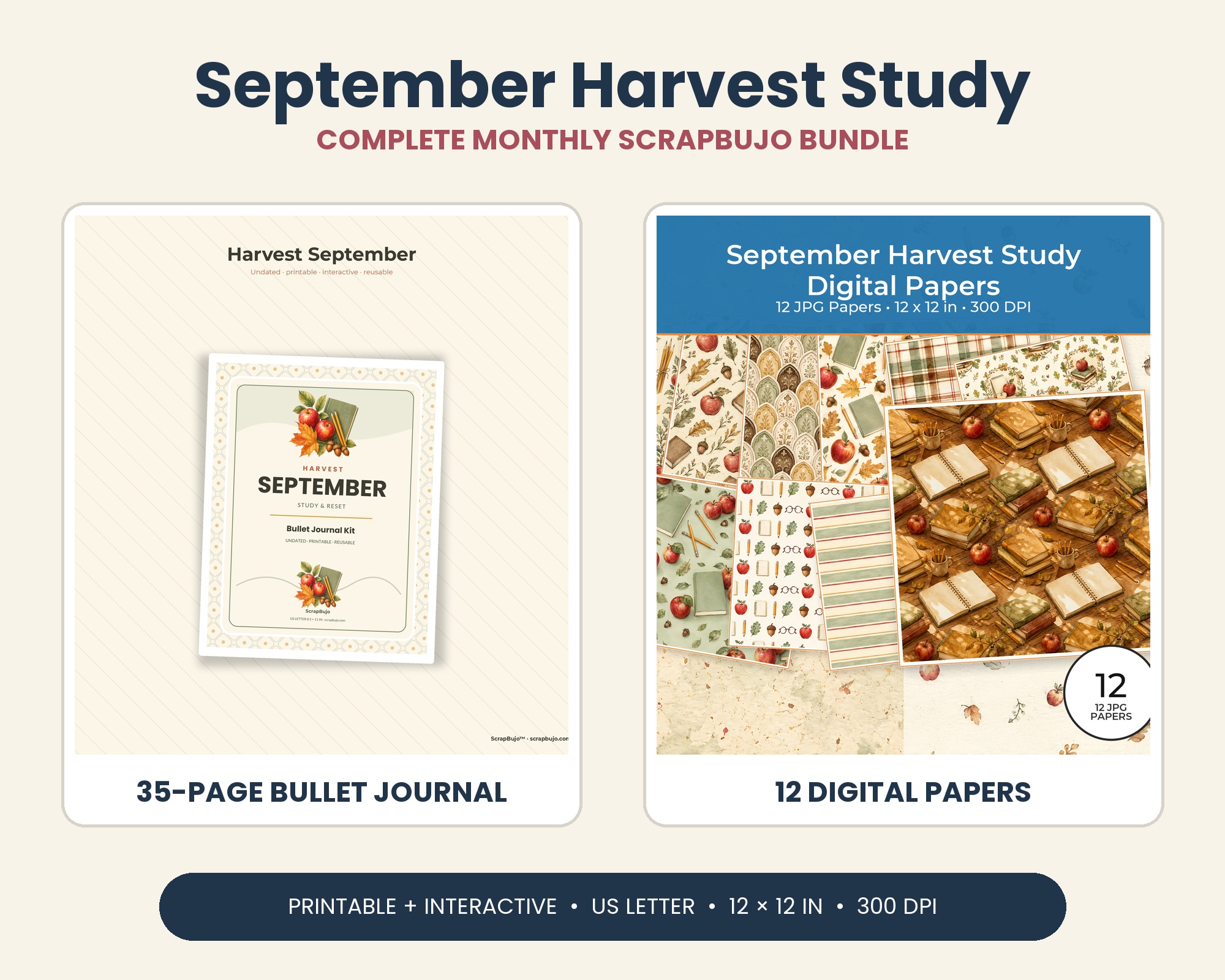 September Harvest Study Undated Bullet Journal and Digital Paper Bundle