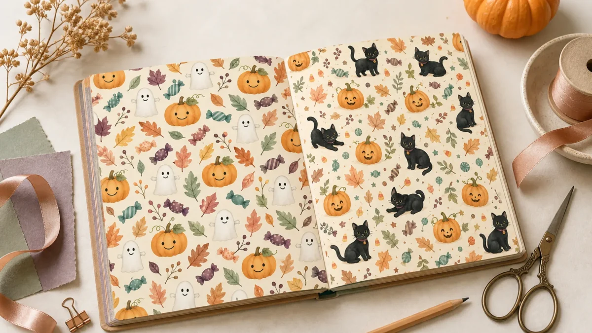 How to Use Sweet Spooky Halloween Paper for Treat Bags, Tags and Journal Pages scrapbook collection editorial mockup using the collection paper previews