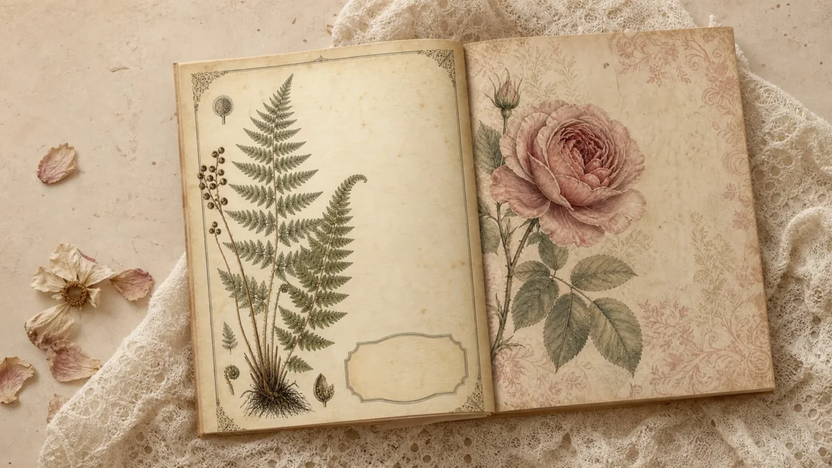 How to Pair Victorian Herbarium and Rosewood Papers on One Page scrapbook collection editorial mockup using the collection paper previews