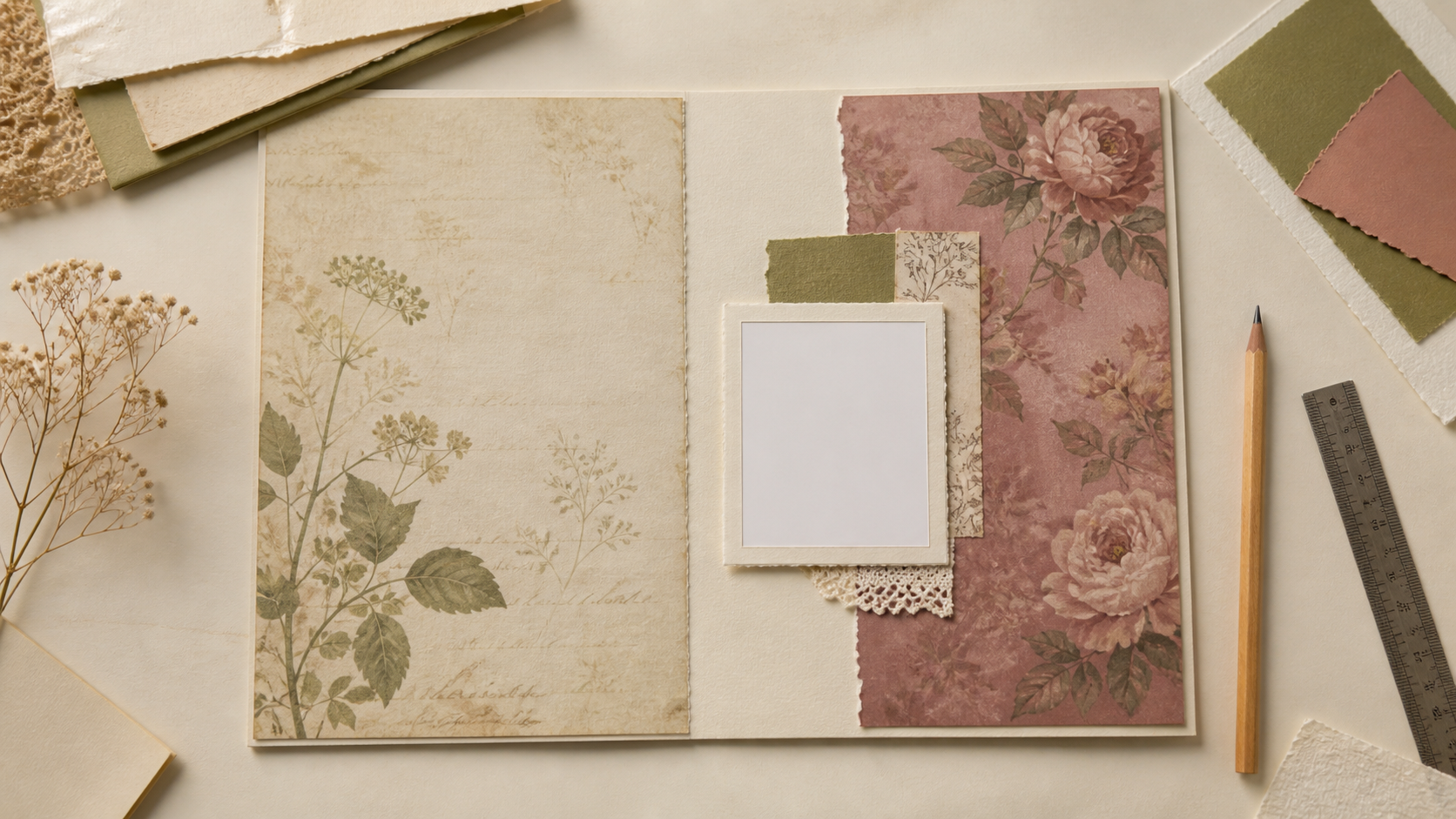 Victorian herbarium and rosewood scrapbook papers arranged as a quiet botanical page pairing