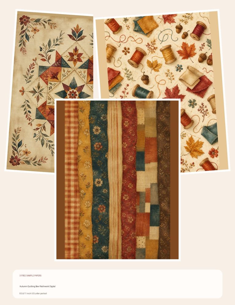 Free Autumn Quilting Bee Patchwork Digital – 3 Printable Scrapbook Paper Samples preview