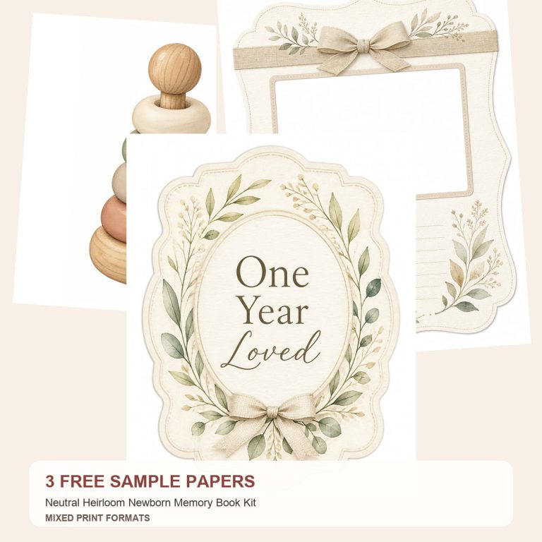 Free Neutral Heirloom Newborn Memory Book Kit – 3 Printable Scrapbook Paper Samples preview
