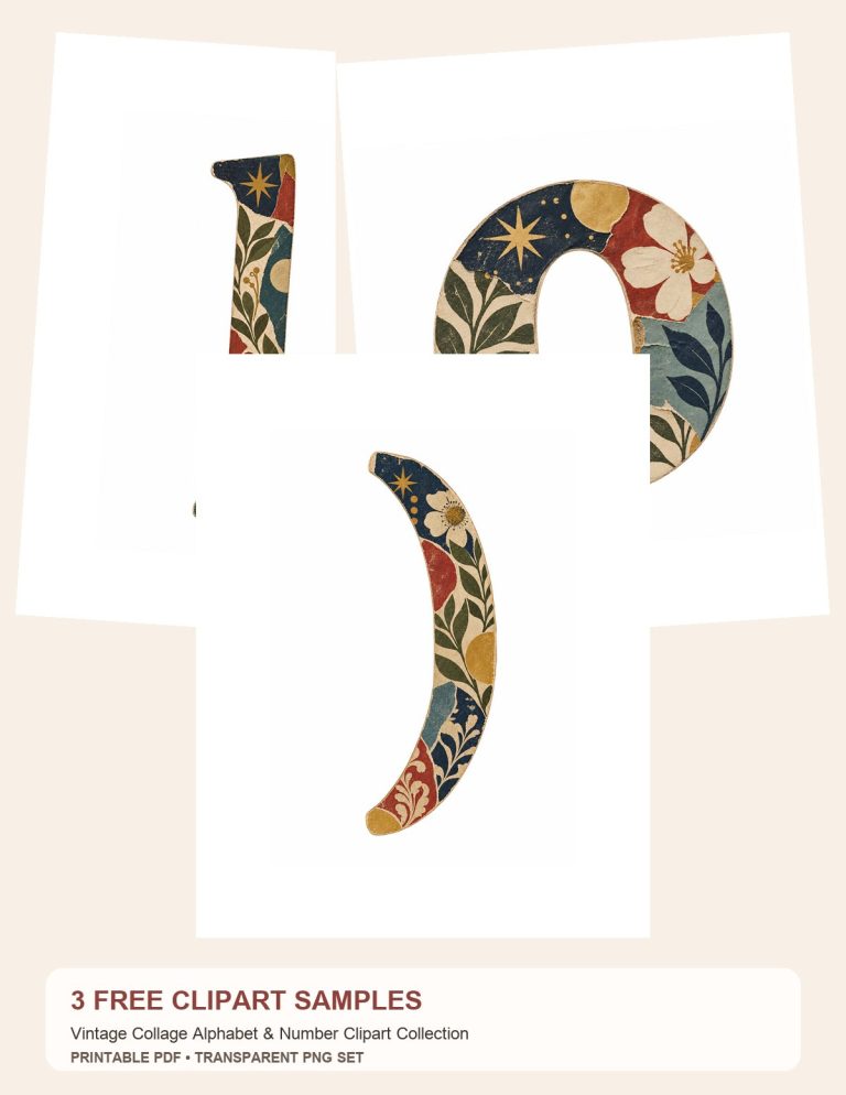 Free Vintage Collage Alphabet & Number Clipart Collection – 3 Printable Clipart Samples preview