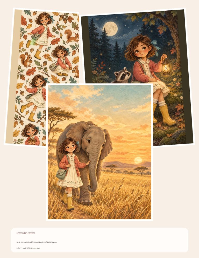 Free Airun & Her Animal Friends Storybook Digital Papers – 3 Printable Scrapbook Paper Samples preview
