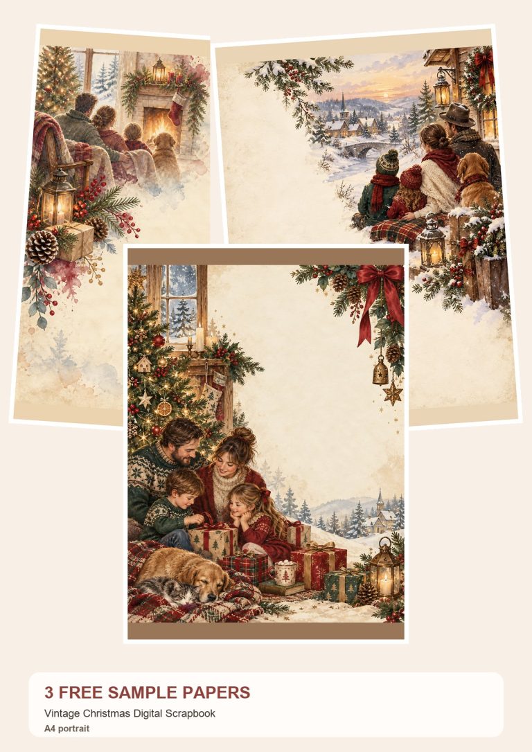 Free Vintage Christmas Digital Scrapbook – 3 A4 Paper Samples preview