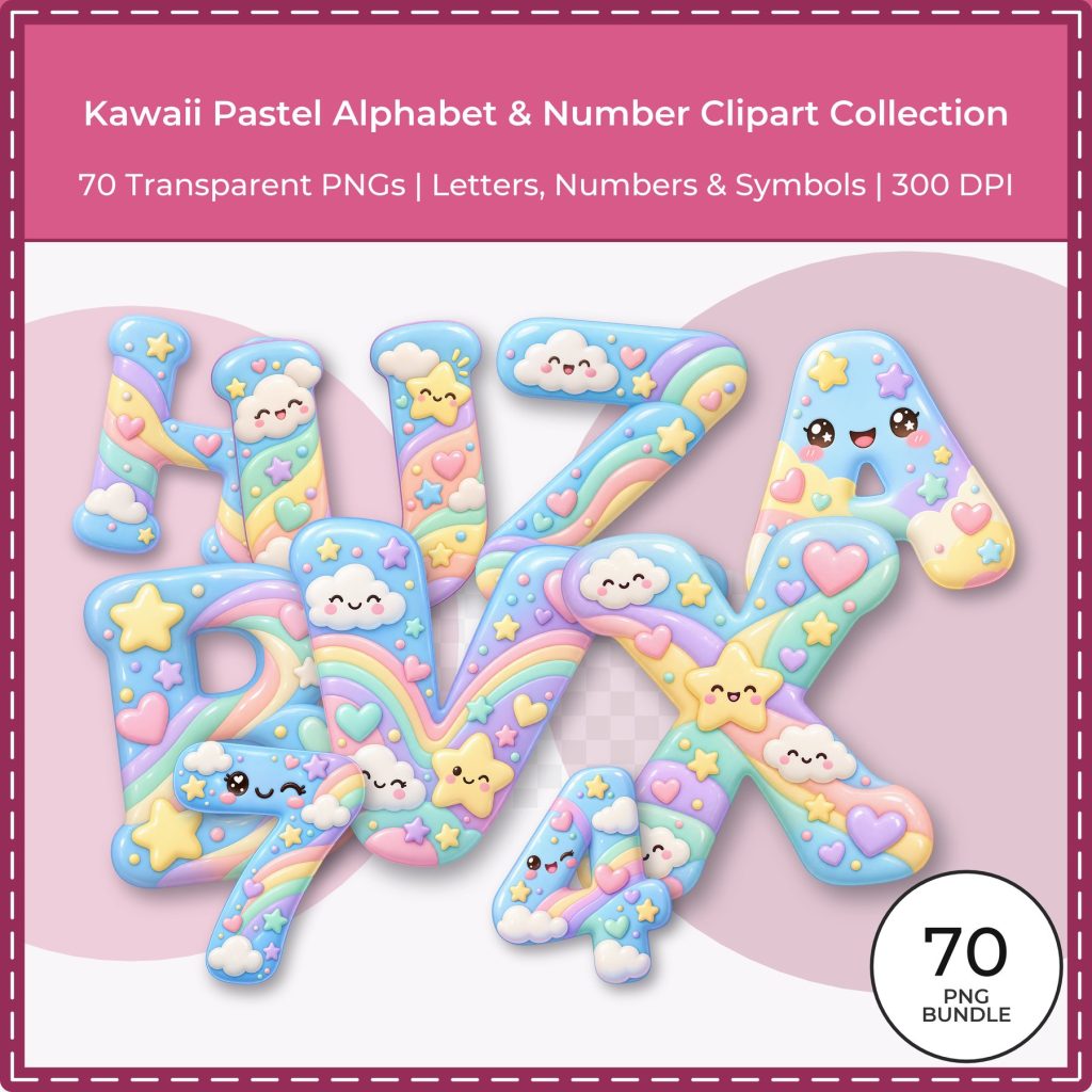 Kawaii Pastel Alphabet and Number Clipart PNG Bundle