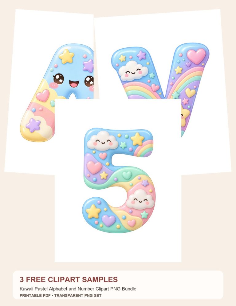Free Kawaii Pastel Alphabet and Number Clipart PNG Bundle – 3 Printable Clipart Samples preview