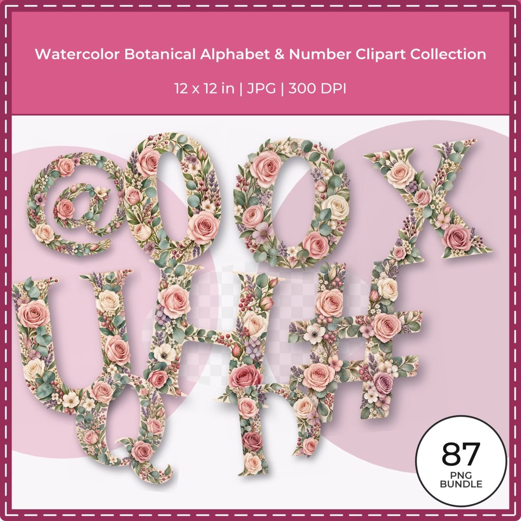 Watercolor Botanical Alphabet & Number Clipart Collection