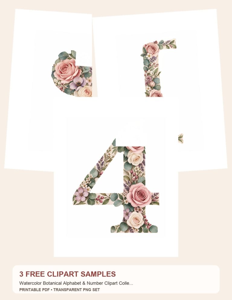 Free Watercolor Botanical Alphabet & Number Clipart Collection – 3 Printable Clipart Samples preview