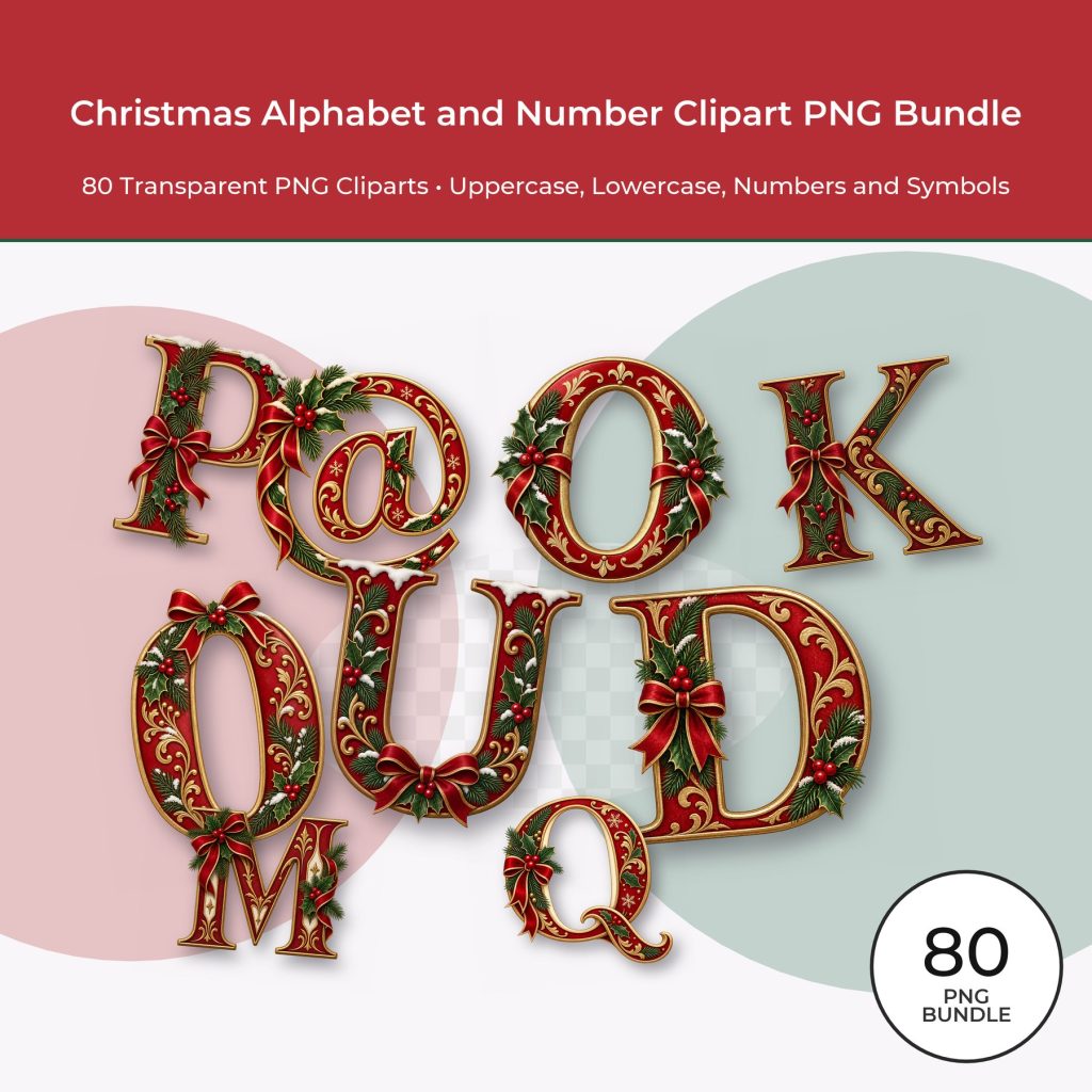 Christmas Alphabet and Number Clipart PNG Bundle