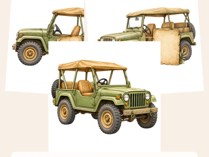 Free Safari Truck Watercolor Papers Clipart – 3 Printable Scrapbook Paper Samples